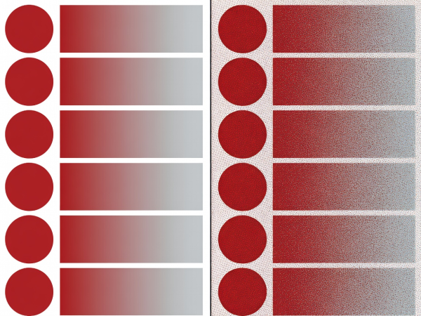 Flat vector technical comparison showing clean 16-color indexed vector art versus speckled dithering on gradients in crimson and silver