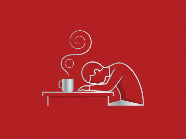 Crimson and silver flat vector illustration of a character resting their forehead gently on a desk while a tiny spiral of silver steam rises from a mug