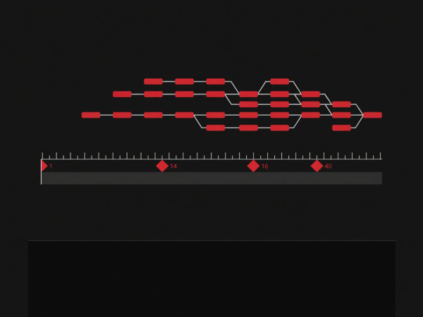 Flat vector illustration of an animation timeline workbench in crimson, silver, and near-black showing keyframes 1, 14, 16, and 40