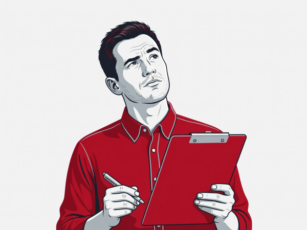 Flat vector illustration in crimson and silver showing an animator looking up from a clipboard with one eyebrow raised in reluctant agreement