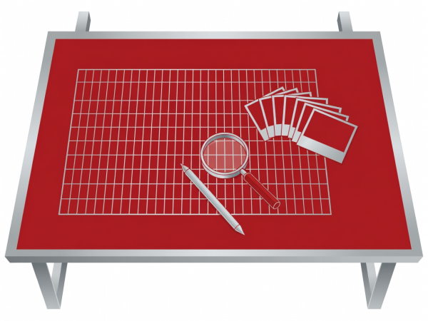 Flat vector illustration in crimson and silver of an animator's drafting desk with a timing loupe, stylus, and numbered frame cards